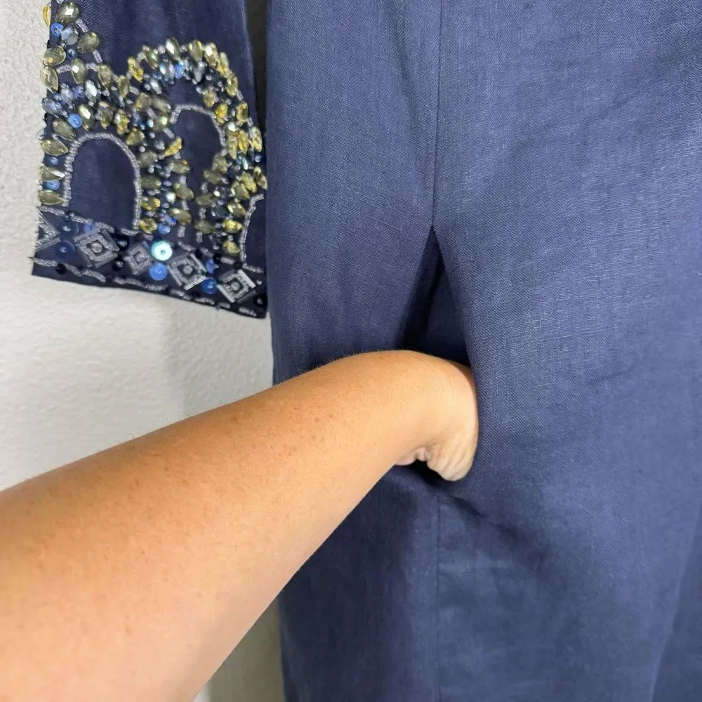 Tory Burch Navy Blue Beaded Linen Dress Embellished Vacation Women’s Size 0